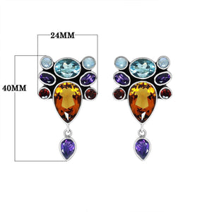 Sterling Silver Multi-Stone Cluster Drop Earrings With Blue Topaz, Amethyst, Citrine, Garnet, And Rainbow Moonstone Quartz For Wholesale Collections