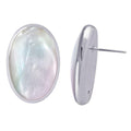 Sterling silver oval stud earrings featuring smooth Mother Of Pearl cabochons in a polished bezel.