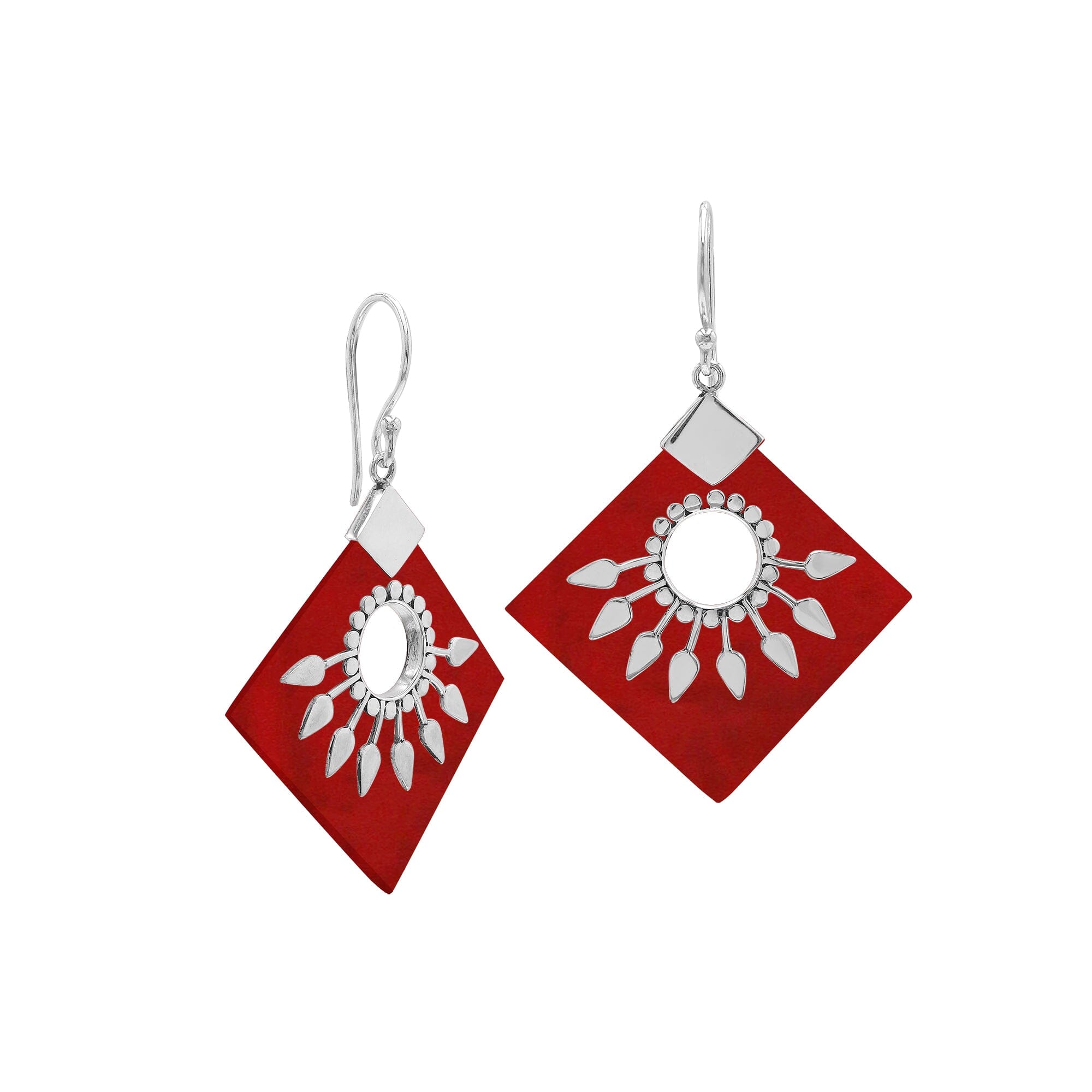 Sterling silver tribal earrings with Red Coral diamond panels and sunburst silver detailing.