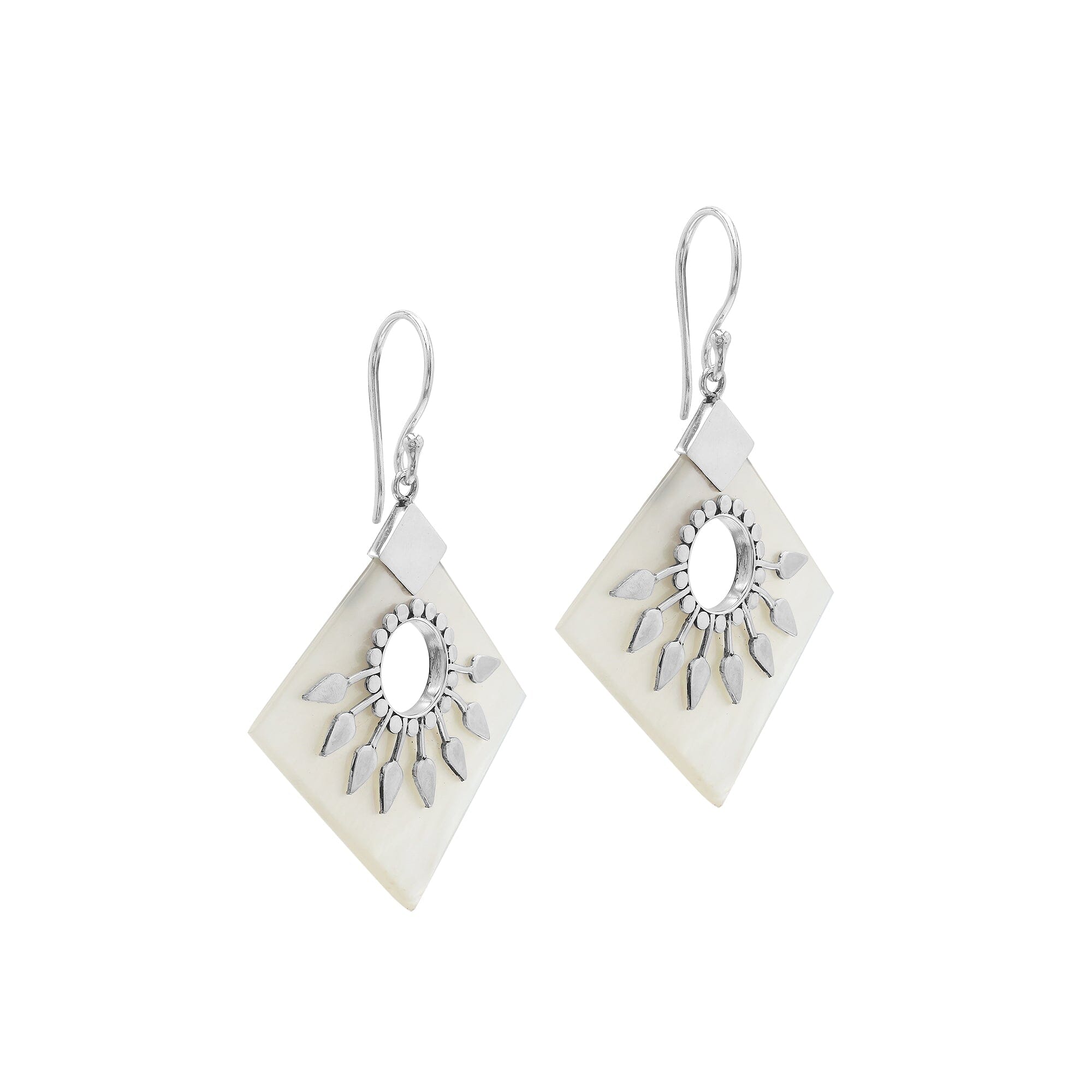 Sterling silver tribal earrings with Mother Of Pearl diamond panels and silver sunburst accents.
