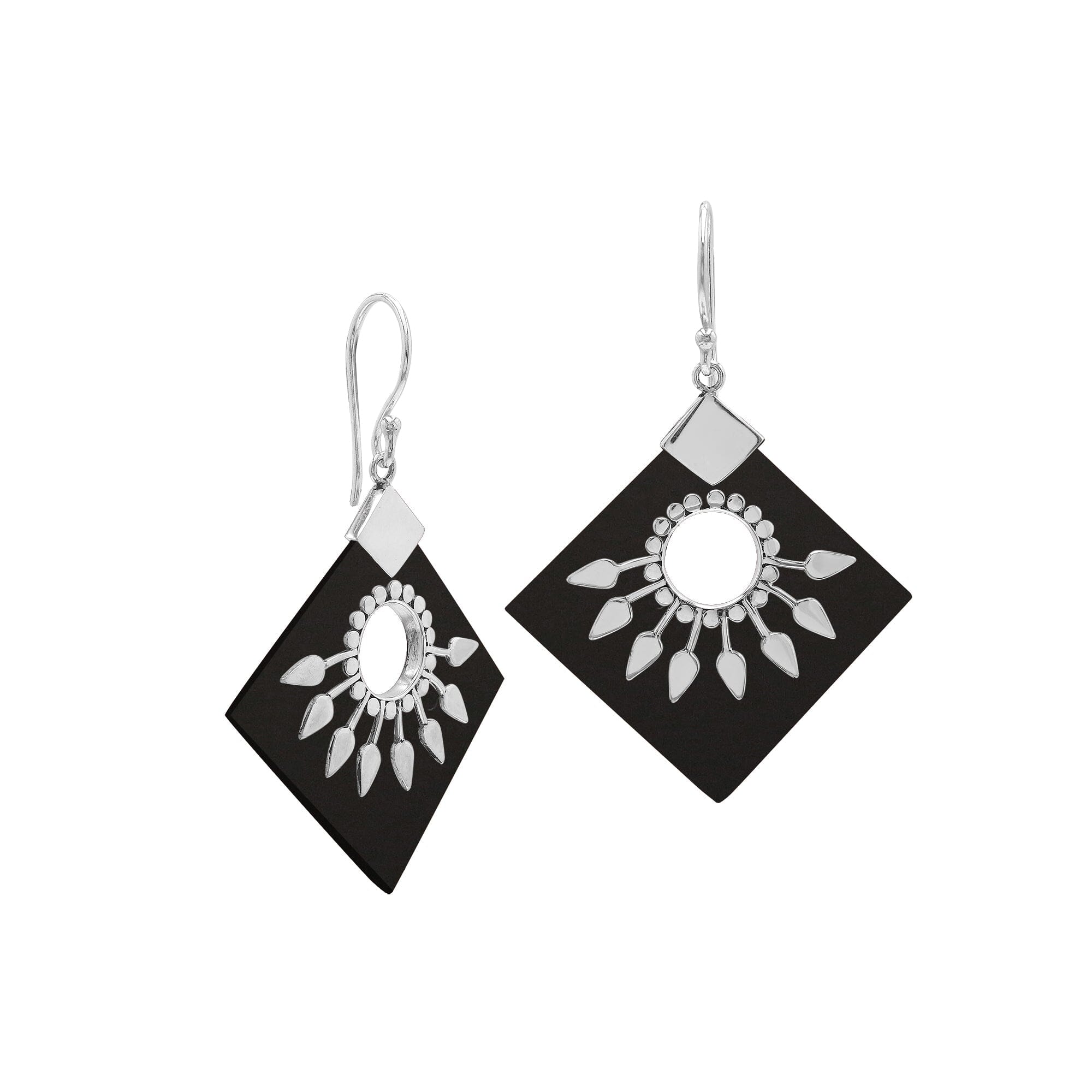 Sterling Silver Tribal Earrings With Black Shell Diamond Panels And Silver Sunburst Accents
