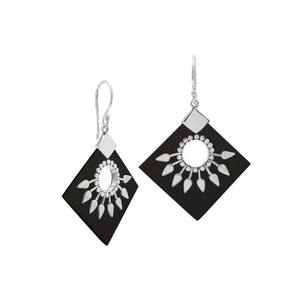 Sterling Silver Tribal Earrings With Black Shell Diamond Panels And Silver Sunburst Accents