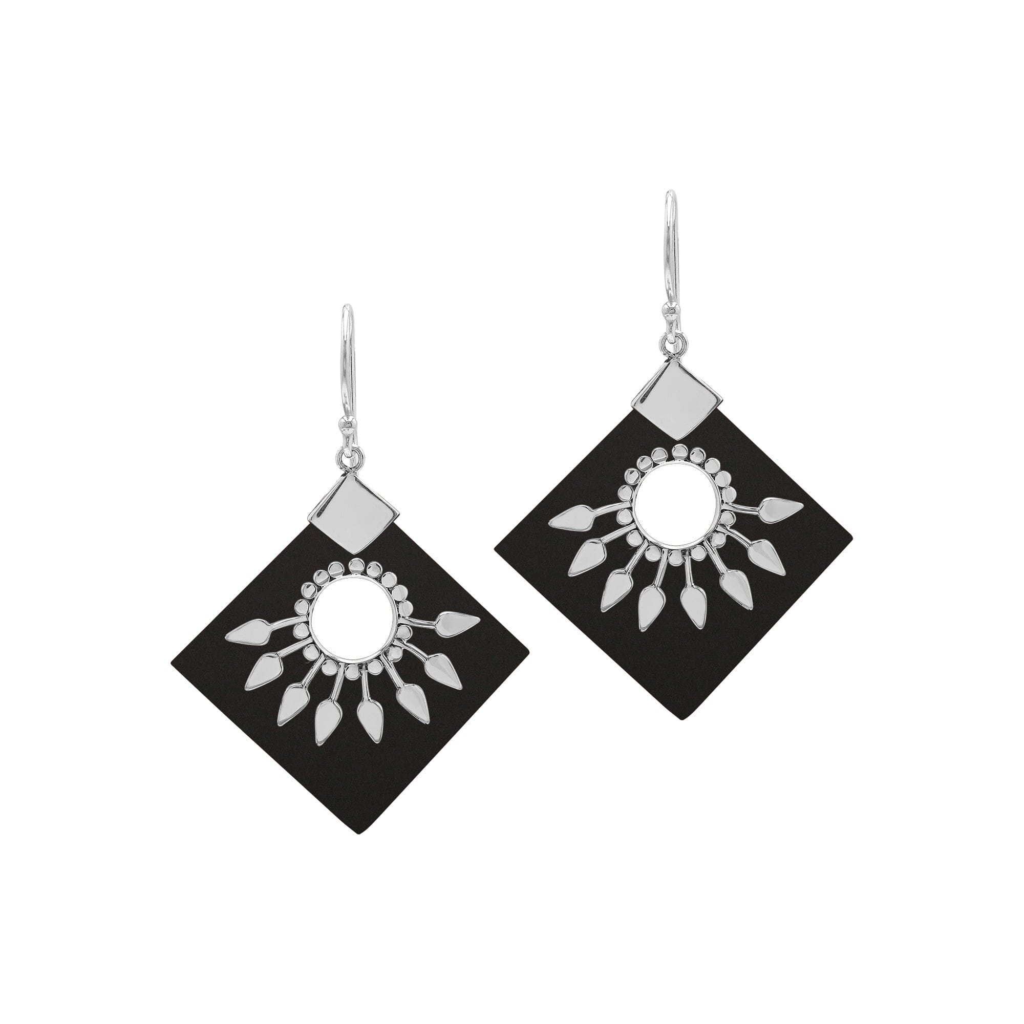 Sterling Silver Tribal Earrings With Black Shell Diamond Panels And Silver Sunburst Accents