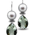 Sterling Silver Earrings With Mabe Pearl Tops And Green Amethyst Quartz Teardrop Drops