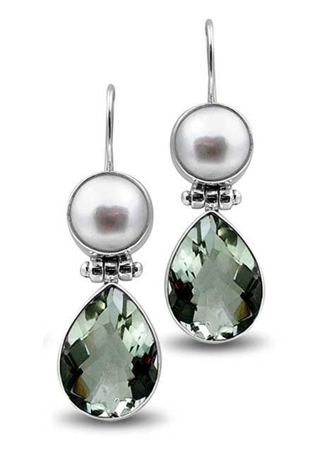SE-5329-CO1 Sterling Silver Earring With Pearl, Green Amethyst Q. Jewelry Bali Designs Inc 