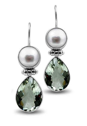 Sterling Silver Earrings With Mabe Pearl Tops And Green Amethyst Quartz Teardrop Drops