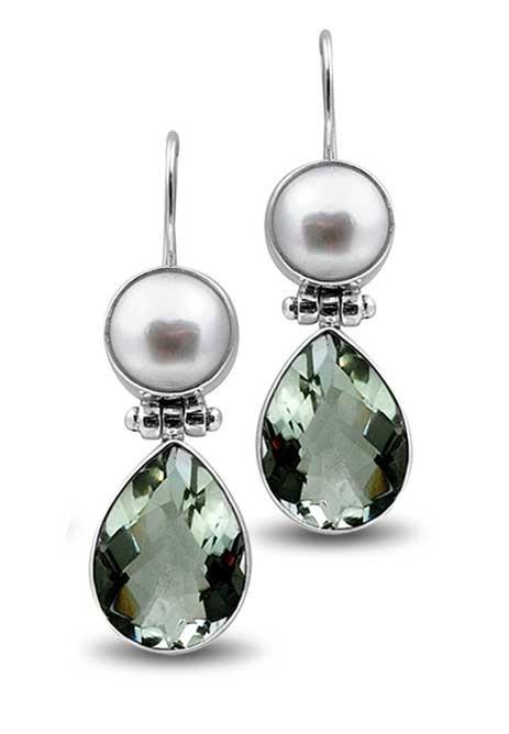 Sterling Silver Earrings With Mabe Pearl Tops And Green Amethyst Quartz Teardrop Drops