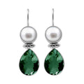 Sterling Silver Earrings With Mother Of Pearl Tops And Green Amethyst Quartz Teardrop Drops