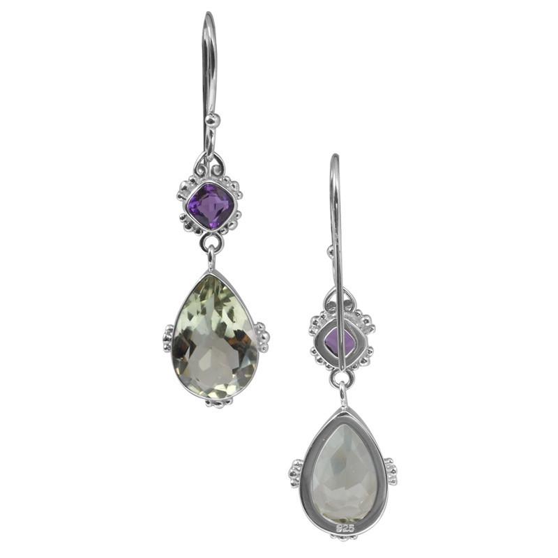 Sterling Silver Earrings With Green Amethyst Quartz Teardrops And Amethyst Quartz Cushion Tops