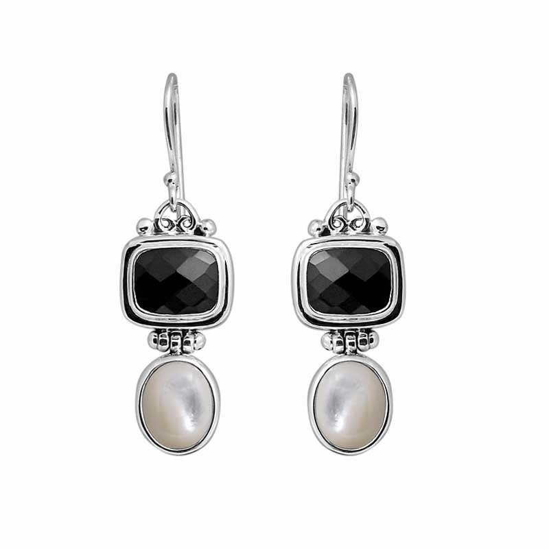 Sterling Silver Earrings With Black Onyx Cushion Tops And Fresh Water Pearl Oval Drops
