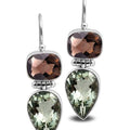 Sterling Silver Earrings With Smoky Quartz Cushion Tops And Green Amethyst Quartz Teardrop Drops