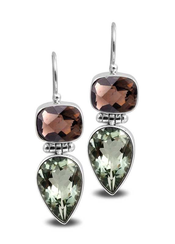 Sterling Silver Earrings With Smoky Quartz Cushion Tops And Green Amethyst Quartz Teardrop Drops