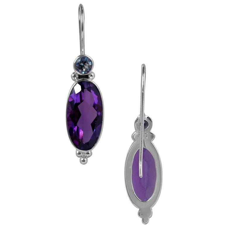 Sterling Silver Earrings With Amethyst Quartz Oval Drops And Blue Topaz Quartz Round Accents
