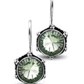 Sterling Silver Earrings With Green Amethyst Quartz Round Stones And Carved Halo Design