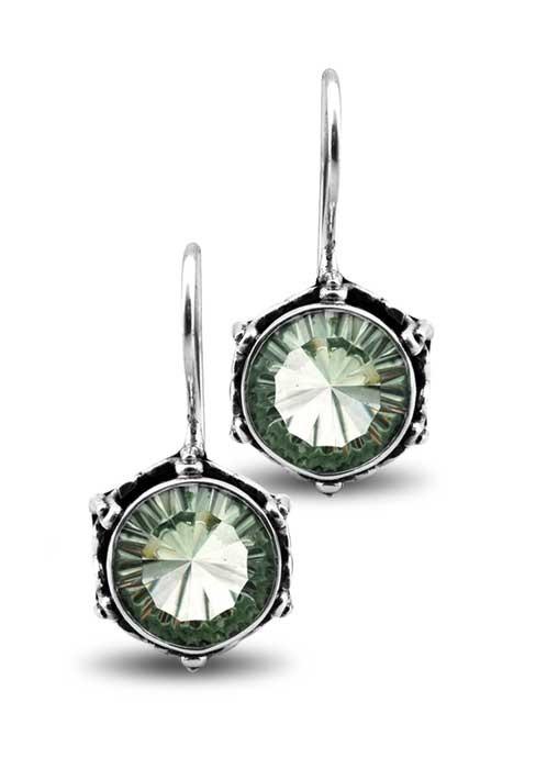 Sterling Silver Earrings With Green Amethyst Quartz Round Stones And Carved Halo Design