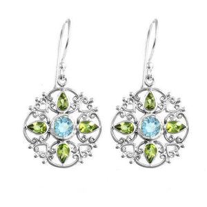 Sterling Silver Earrings With Blue Topaz Quartz Center And Peridot Filigree Accents