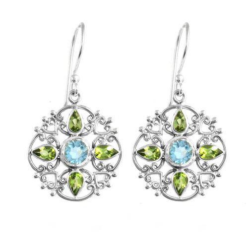 Sterling Silver Earrings With Blue Topaz Quartz Center And Peridot Filigree Accents