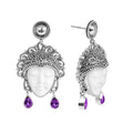 Sterling Silver Carved Bone Face Earrings With Amethyst Quartz Teardrop Accents