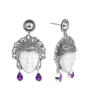 Sterling Silver Carved Bone Face Earrings With Amethyst Quartz Teardrop Accents