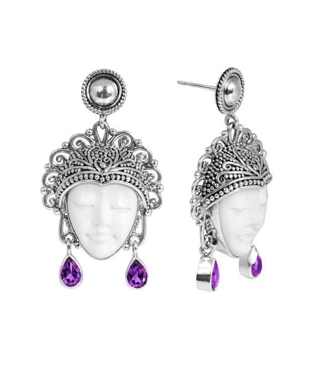Sterling Silver Carved Bone Face Earrings With Amethyst Quartz Teardrop Accents