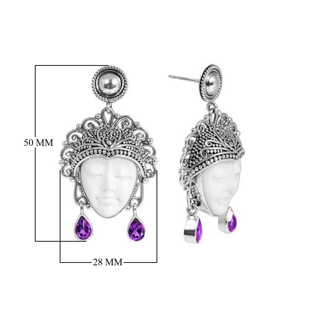Sterling Silver Carved Bone Face Earrings With Amethyst Quartz Teardrop Accents