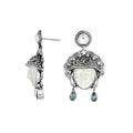Sterling Silver Carved Bone Face Earrings With Blue Topaz Quartz Teardrop Accents