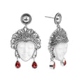 Sterling Silver Carved Bone Face Earrings With Garnet Quartz Teardrop Accents