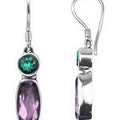Sterling Silver Earrings With Green Quartz Round Top And Amethyst Quartz Elongated Drop