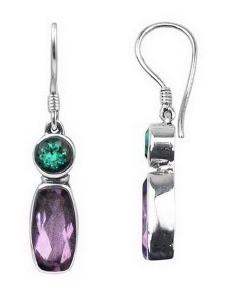 Sterling Silver Earrings With Green Quartz Round Top And Amethyst Quartz Elongated Drop