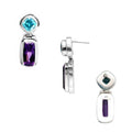 Sterling Silver Earrings With Blue Topaz Quartz Cushion Top And Amethyst Quartz Elongated Drop
