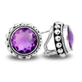 Sterling Silver Round Stud Earrings With Faceted Amethyst Quartz And Textured Bezel