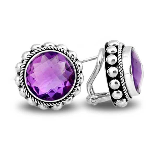 Sterling Silver Round Stud Earrings With Faceted Amethyst Quartz And Textured Bezel