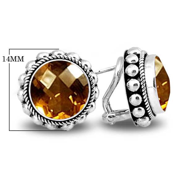 Sterling Silver Round Stud Earrings With Faceted Citrine Quartz And Textured Bezel