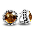 Sterling Silver Round Stud Earrings With Faceted Citrine Quartz And Textured Bezel
