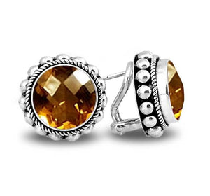 Sterling Silver Round Stud Earrings With Faceted Citrine Quartz And Textured Bezel