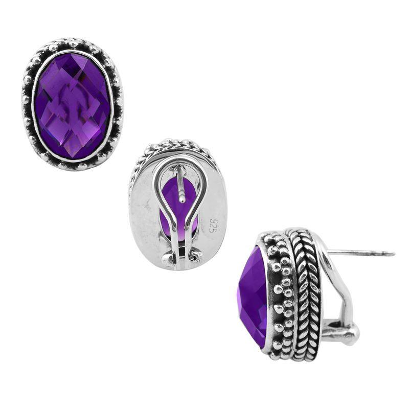 Sterling Silver Oval Stud Earrings With Faceted Amethyst Quartz And Textured Bezel
