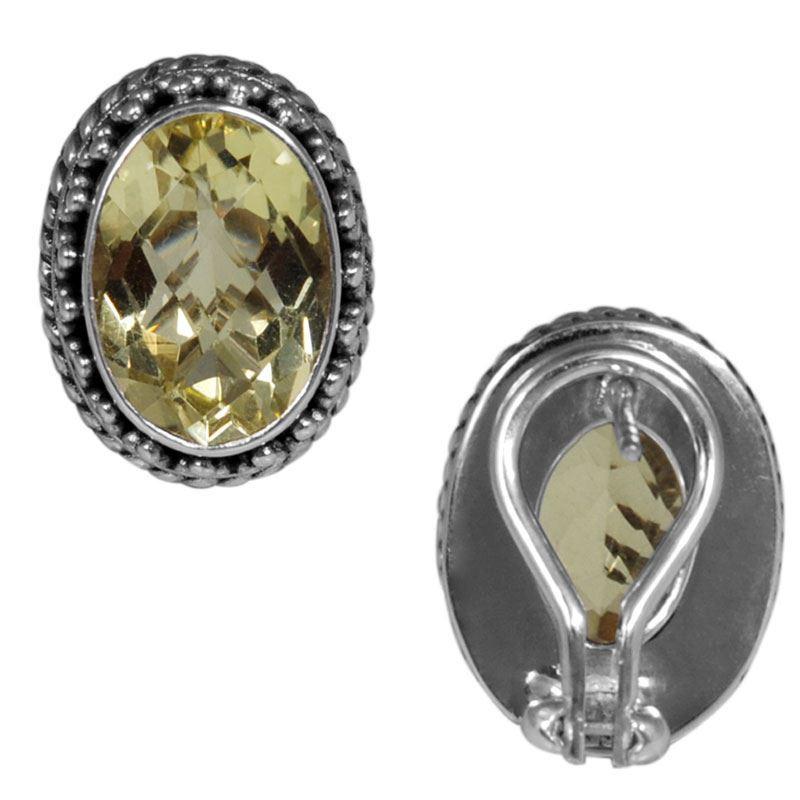 Sterling Silver Oval Stud Earrings With Faceted Lemon Quartz And Textured Bezel