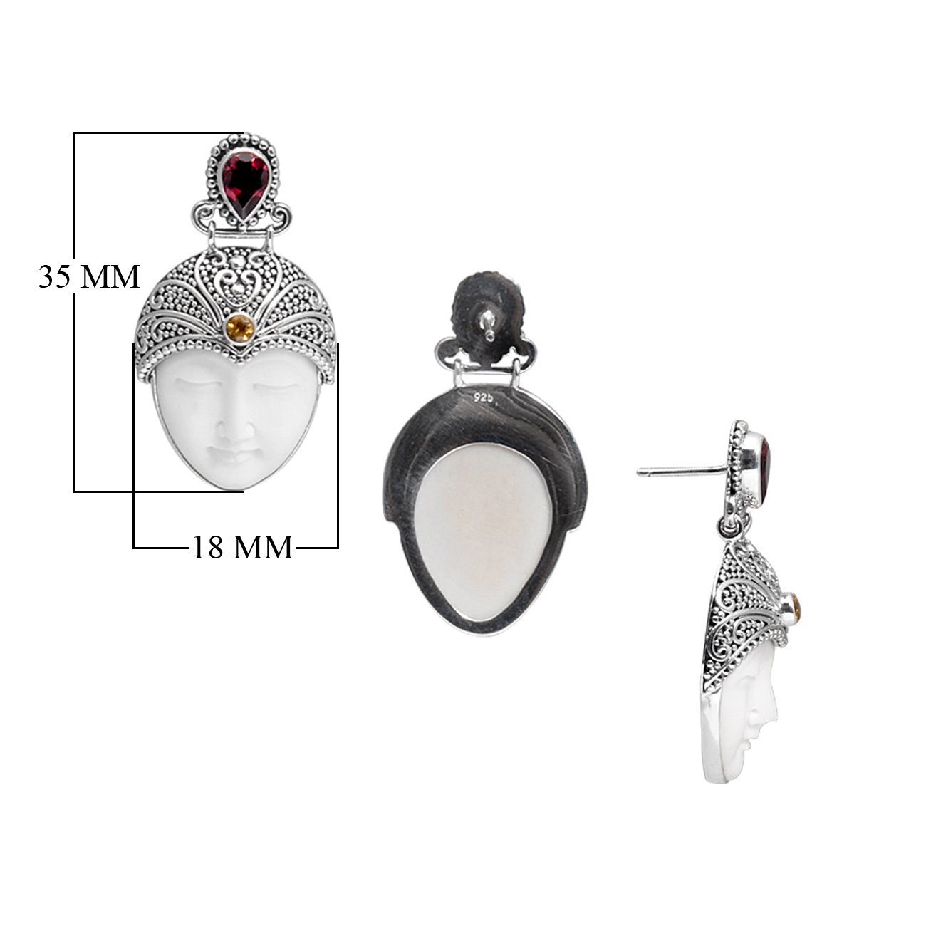 Sterling Silver Earrings With Bone Carving Face Garnet Quartz Top And Citrine Quartz Accent