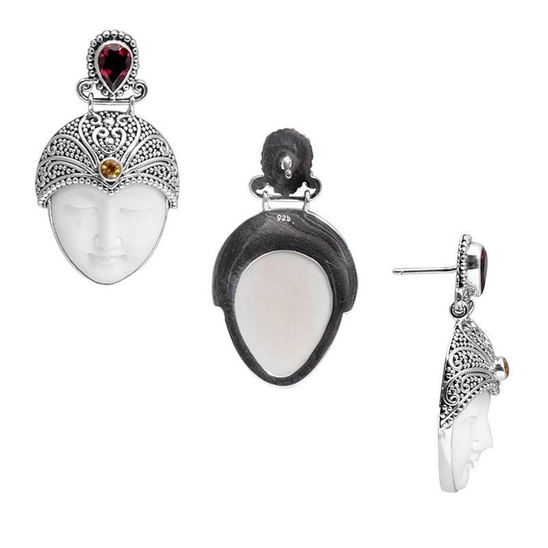 Sterling Silver Earrings With Bone Carving Face Garnet Quartz Top And Citrine Quartz Accent