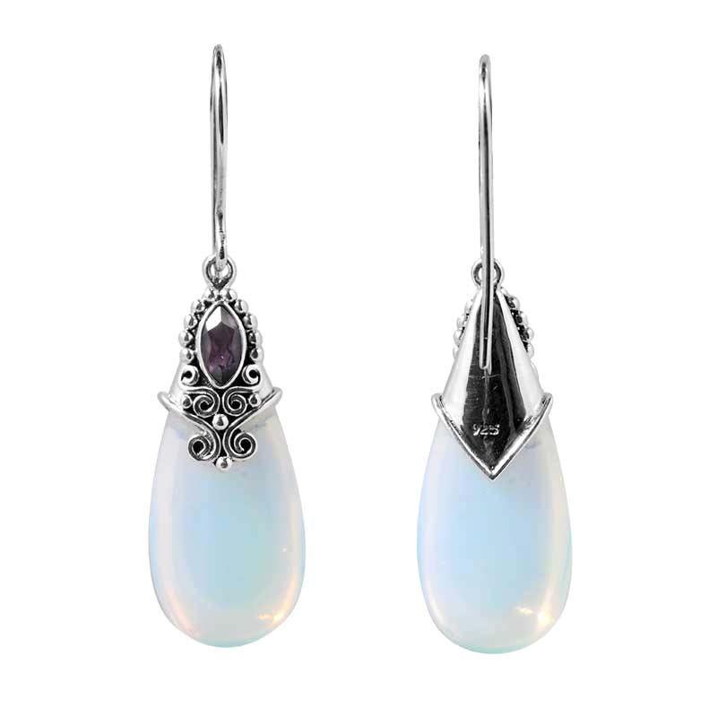 Sterling Silver Earrings With Opalite Teardrop And Amethyst Quartz Decorative Top