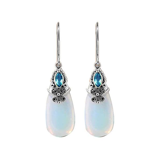Sterling Silver Earrings With Opalite Teardrop And Blue Topaz Quartz Accent