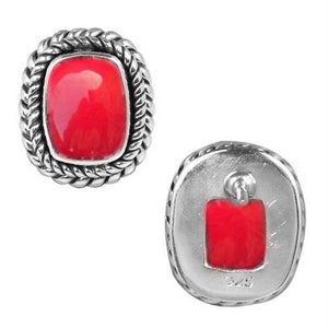 Sterling Silver Oval Cushion Stud Earrings With Red Coral
