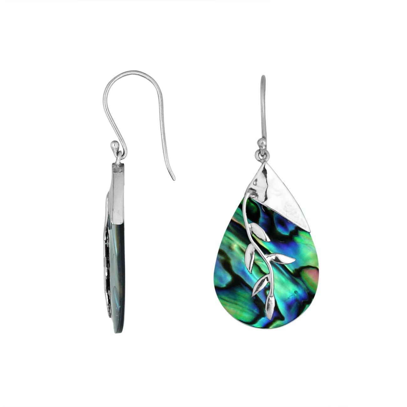 Sterling Silver Drop Earrings With Abalone Shell Teardrop And Silver Leaf Overlay.