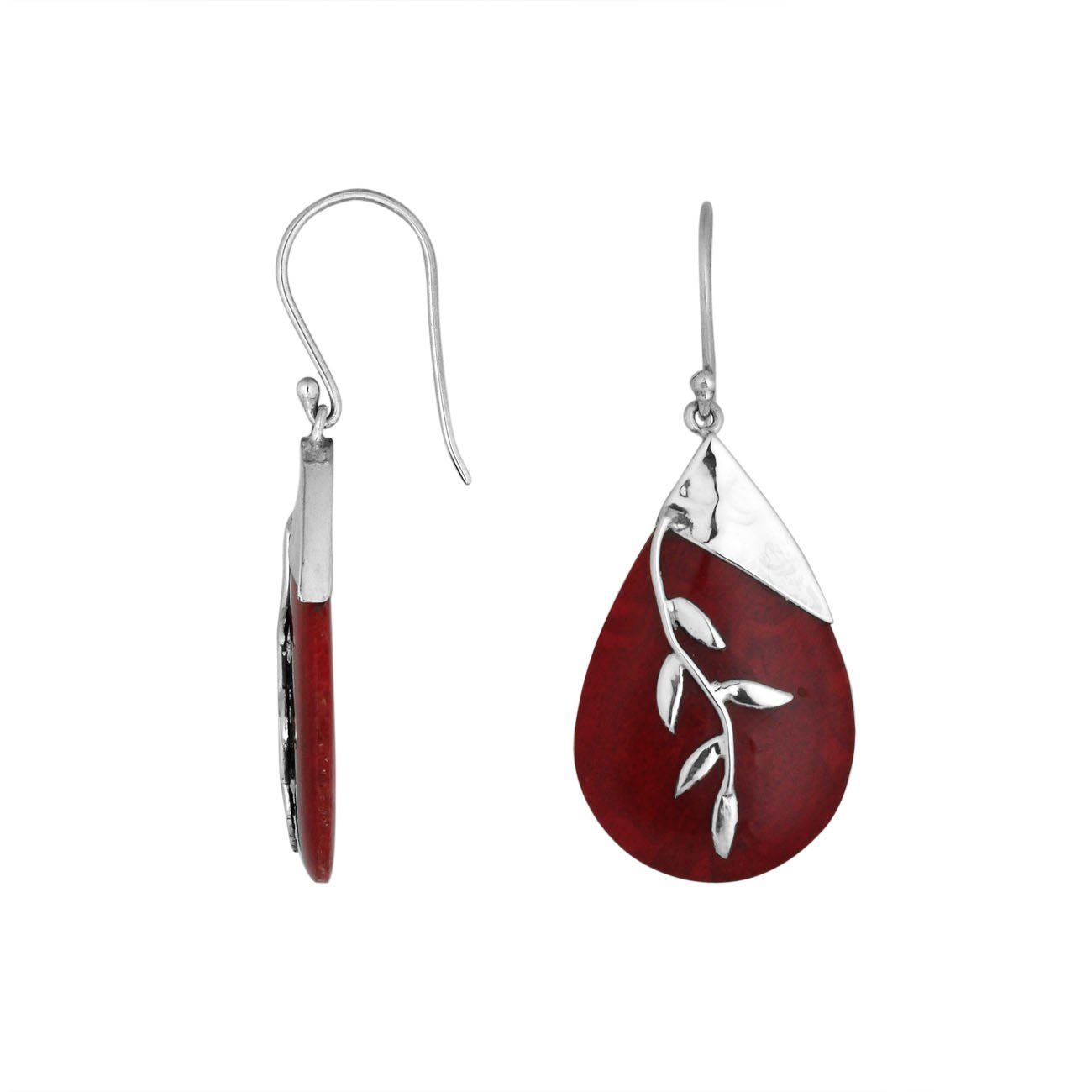Sterling Silver Drop Earrings With Red Coral Teardrop And Silver Leaf Overlay.
