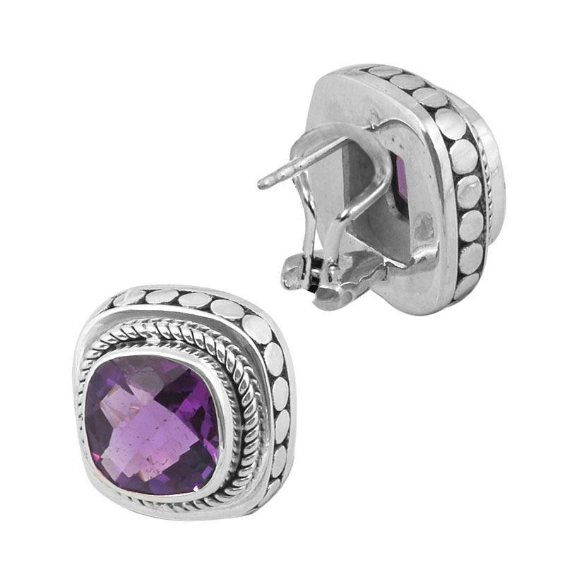 Sterling Silver Clip-On Earrings With Amethyst Quartz Cushion And Braided Dotted Border.