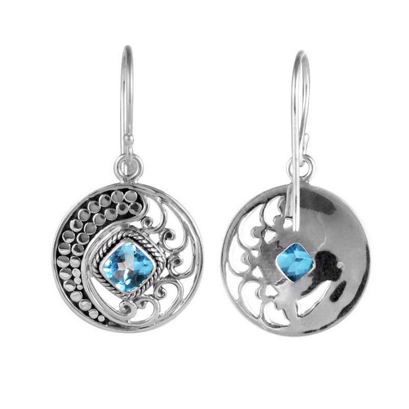 Sterling Silver Disc Earrings With Blue Topaz Quartz Square Center And Swirl Crescent Detailing.