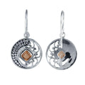 Sterling Silver Disc Earrings With Citrine Quartz Square Center And Swirl Dotted Detailing.
