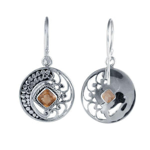 Sterling Silver Disc Earrings With Citrine Quartz Square Center And Swirl Dotted Detailing.
