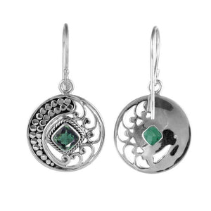 Sterling Silver Disc Earrings With Green Quartz Square Center And Swirl Crescent Detailing.