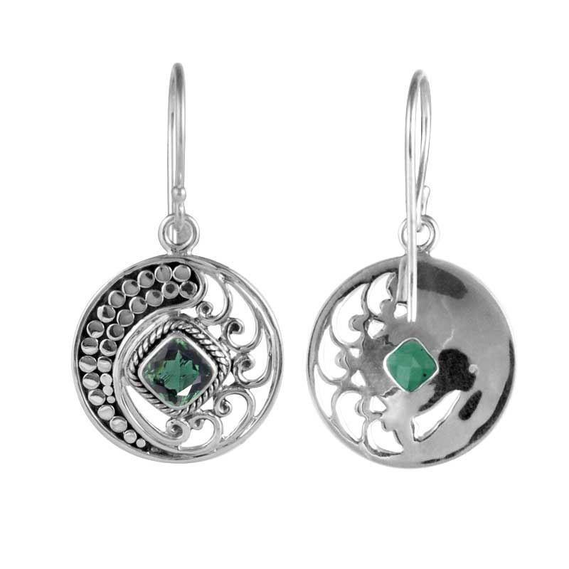 Sterling Silver Disc Earrings With Green Quartz Square Center And Swirl Crescent Detailing.